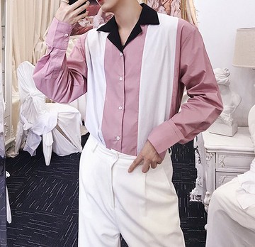 FINDSENSE H1秋季 新款 日本 原創 拼色 翻領 小清新  氣質 寬鬆 顯瘦襯衫 長袖襯衫 潮男上衣