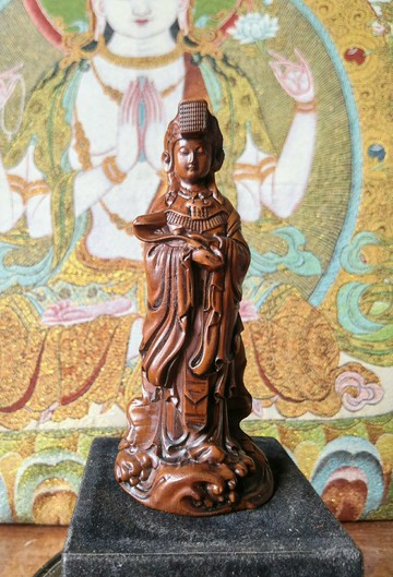 小葉黃楊木雕~媽祖佛像，高14直徑6厘米重約89克，保真小葉