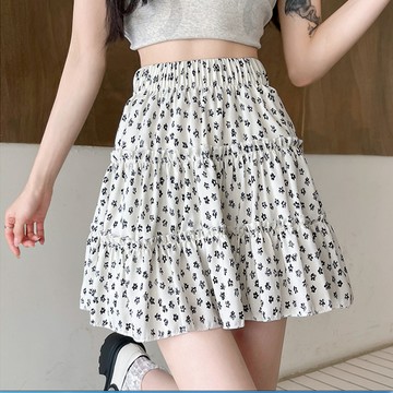 胖胖美依 半身裙 夏季碎花半身裙女胖mm蛋糕短裙小個子高腰a字裙褲F4054 7414