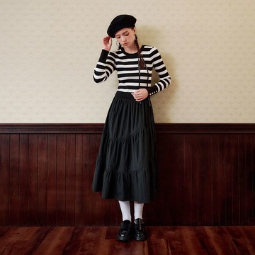 OUWEY歐薇 條紋假兩件拼接針織長洋裝(黑；S-L)