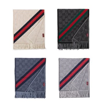 GUCCI NEW NIKKY LOGO羊毛寬版斜紋織帶圍巾(多色選)