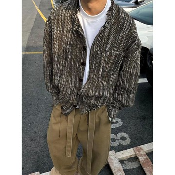 時尚潮流無領毛邊針織外套男寬鬆慵懶風美式高級感上衣男