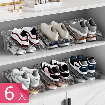 【荷生活】透明PET鞋櫃分層收納架 梯形設計可抽拉雙層鞋架-6入組
