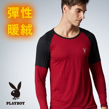 【PLAYBOY】鵝絨雙色彈性圓領長袖衣-暗紅身黑袖