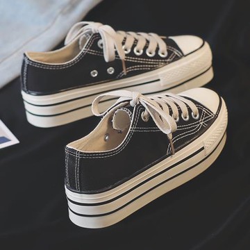 黑色厚底帆布鞋女2025新款夏季鞋子女休閑鞋女款內增高松糕板鞋女