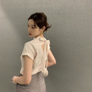 韓國chic夏季小眾設計時尚露背系帶蝴蝶結短袖T恤