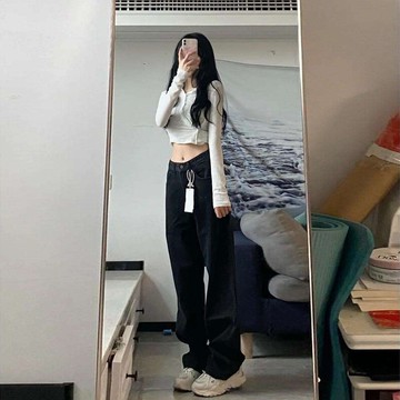 直筒牛仔褲女     黑色寬鬆闊腿褲  顯瘦百搭  垂墜拖地長褲子  WH