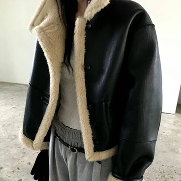 La Belleza韓版雙面穿保暖羊羔毛立領立體車線造型皮質皮夾克排釦大衣外套