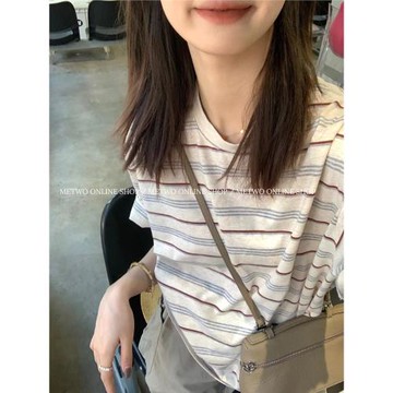 苧麻撞色條紋短袖t恤女2025夏季新款寬松半袖顯瘦圓領體恤上衣tee