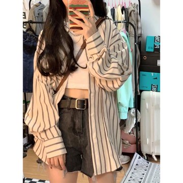 大碼條紋襯衫外套女秋季溫柔韓系設計感小眾薄款防曬開衫長袖上衣