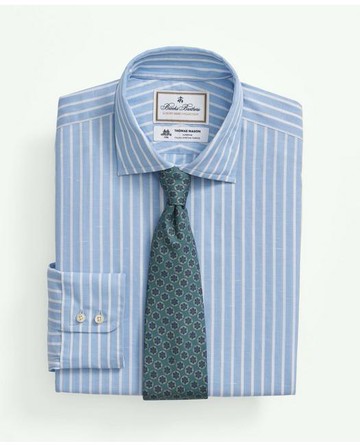Brooks Brothers Men's X Thomas Mason Cotton-Linen English Collar, Stripe Dress Shirt | Light Blue | Size 15½ 33
