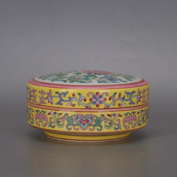 清乾隆年黃地琺瑯彩手繪纏枝花卉香粉盒 仿古舊貨全手工收藏擺件