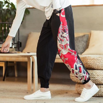 復古龍紋拼接秋季男士寬松大碼闊腿燈籠休閑褲潮青年小腳哈倫長褲