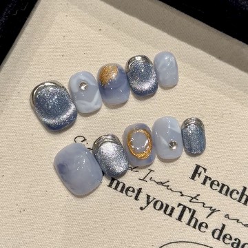 【滿300起送】藍色寶石暈染顯白高級短款光療甲短款貓眼穿戴甲