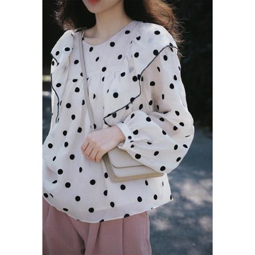 法式甜美漂亮小衫茶里茶氣別致上衣荷葉邊泡泡袖白色波點襯衫女夏