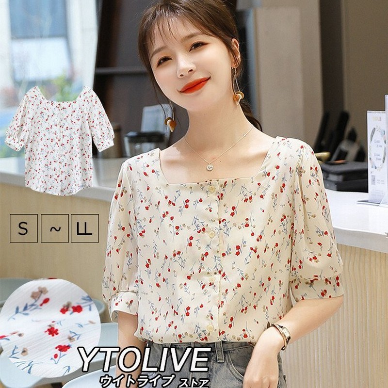 ブラウス レディース 春 春物 春服 トップス シャツ 半袖 スクエアネック フラワー柄 花柄シフォンブラウス 通販 Lineポイント最大get Lineショッピング
