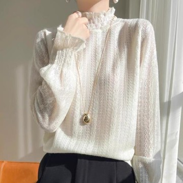 2025春季新款羊絨打底衫女薄款荷葉領時尚羊毛針織衫長袖上衣