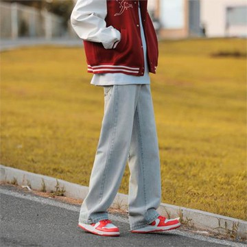 春秋新款牛仔褲男直筒休閑長褲ins潮牌高街褲美式復古運動褲男褲