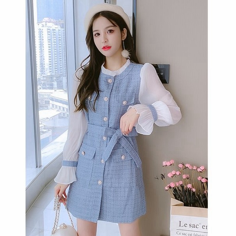 ワンピース レディース ファッション 秋 冬 春 ツイード ドッキングワンピ 長袖 ミニ丈 ブルー かわいい 爽やか 通学 お出かけ 女子会 デート 通販 Lineポイント最大0 5 Get Lineショッピング
