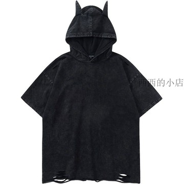 🌟臺灣出貨🌟 上衣  t恤  連帽 衛衣 潮牌美式帥氣看我的小犄角惡魔角連帽破洞洗水短袖寬鬆情侶t恤