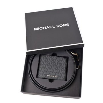MICHAEL KORS 男款 灰字MK緹花LOGO防刮雙面用皮帶/八卡短夾禮盒-黑色