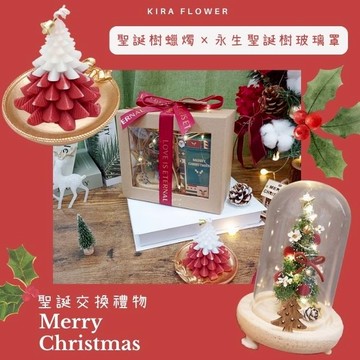 【KIRA與花花藝】聖誕樹蠟燭×永生聖誕樹LED玻璃罩 交換禮物盒 /聖誕紅/ 附燭台、LED燈/聖誕禮物/聖誕節