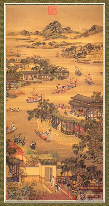 仿古畫名畫復制品清雍正十二月行樂圖之五月山水畫國畫字畫