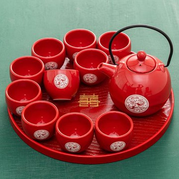 中式龍鳳呈祥結婚茶具婚慶用品大全新婚禮物嫁妝陶瓷茶壺杯子套裝