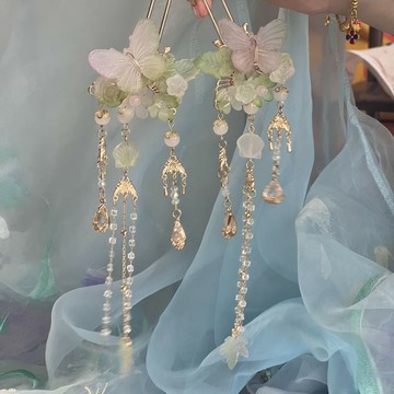 夢金陵卷珠簾古風中式蝴蝶發釵仙氣流蘇配飾琉璃發簪漢服 z8093