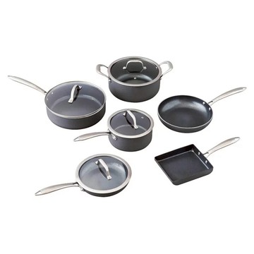 IRIS OHYAMA 愛麗思歐雅瑪 陽極鑽石塗層不沾鍋組  平底鍋(20cm) + 平底鍋(24cm) + 深煎鍋(26cm) + 單手湯鍋(18cm) + 雙耳湯鍋(24cm) + 玉子燒鍋 + 鍋蓋(18cm/20cm/24cm/26cm)  黑色  1組