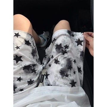 臺灣出貨 大碼美式復古星星短褲男女夏季薄款冰絲五分褲子寬鬆休閒冰絲五分 男短褲  五分褲 訓練褲 冰絲涼感褲