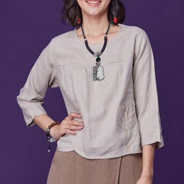 古典美 亞麻古布拚接車花上衣【58007】