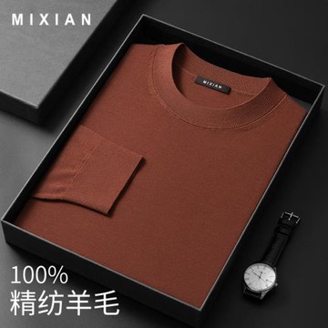 薄款圓領羊毛衫男精紡100純羊毛寬松毛衣男套頭針織衫男士秋冬季