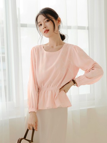 滿版手繪印花腰鬆緊澎袖長袖上衣