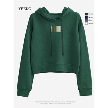 ins韓風墨綠色寬松短款連帽衛衣女裝2025年春秋薄款高腰顯瘦上衣