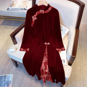 喜婆婆婚宴裝2025新款媽媽金絲絨旗袍秋季高端高貴洋氣酒紅色禮服