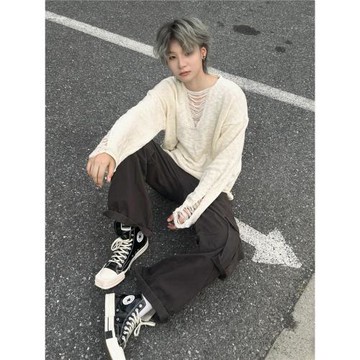 小眾破壞感鏤空V領設計長袖T恤男秋季薄款慵懶寬松內搭針織衫上衣