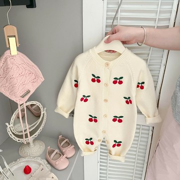 嬰兒秋季衣服小月齡寶寶櫻桃連體衣秋裝針織毛衣包屁衣洋氣外出服鑫弘-萌寶童裝可開發票