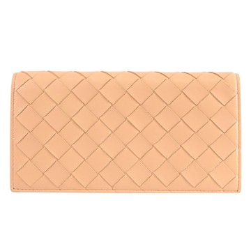 BOTTEGA VENETA 600873 編織款NAPPA皮革扣式發財長夾.杏色