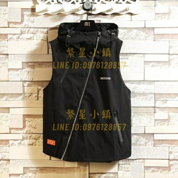 無袖背心連帽沖鋒衣工裝馬甲男寬鬆大碼不規則拉鏈機能工裝外套【繁星小鎮】