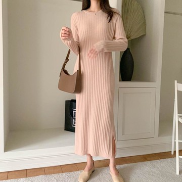 韓國女裝連線 - 喀什米爾羊毛針織連身洋裝-淡粉 (FREE)