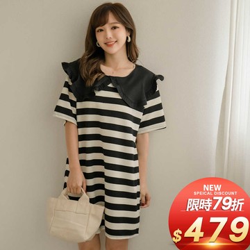 ★限時下殺$479★MIUSTAR 可愛娃娃領黑白條紋長版上衣洋裝(共1色)0227 預購【NL3429】