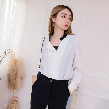 【買2送1】HS 撞色翻領上衣 簡約白