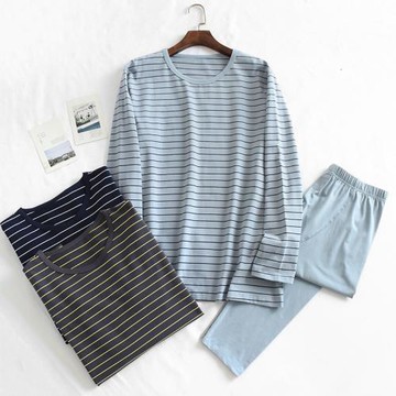 精梳純棉男士睡衣春秋款長袖簡約條紋家居服套裝寬松套頭大碼