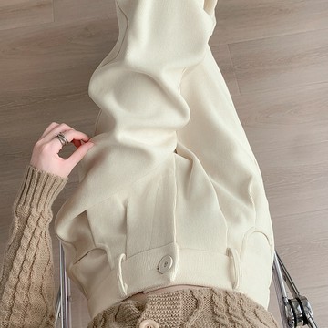 S-5XL 大碼杏色 歐棉絨 高腰長褲 後鬆緊 闊腿女褲 秋冬季 黑色直筒褲 休閒窄版 雪尼爾 加絨褲