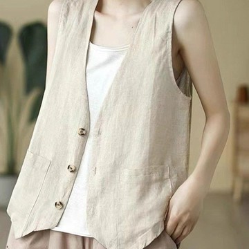 新中式薄款馬甲女夏季休閒棉麻打底衫外穿洋氣短款馬夾上衣女 馬甲上衣  馬甲背心
