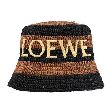 LOEWE 經典LOGO撞色條紋草編遮陽帽/漁夫帽.黑/咖