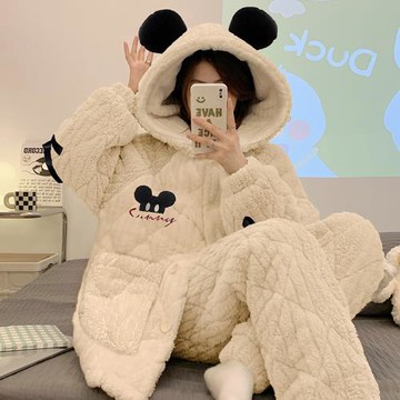 睡衣女三層夾棉2022年新款珊瑚絨加絨加厚可愛卡通連帽家居服套裝