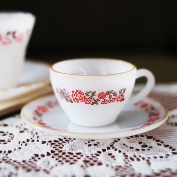 1970年墨西哥 Termocrisa 紅色雛菊玫瑰 牛奶玻璃杯碟