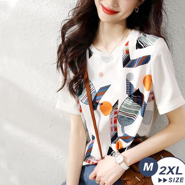 【LANNI 藍尼】★氣質印花圓領多邊形上衣(夏季/T恤/寬鬆)